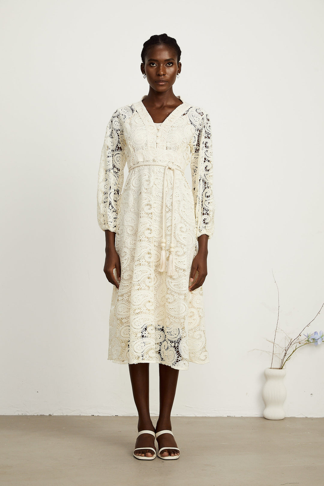 Georgette dantel midi elbise