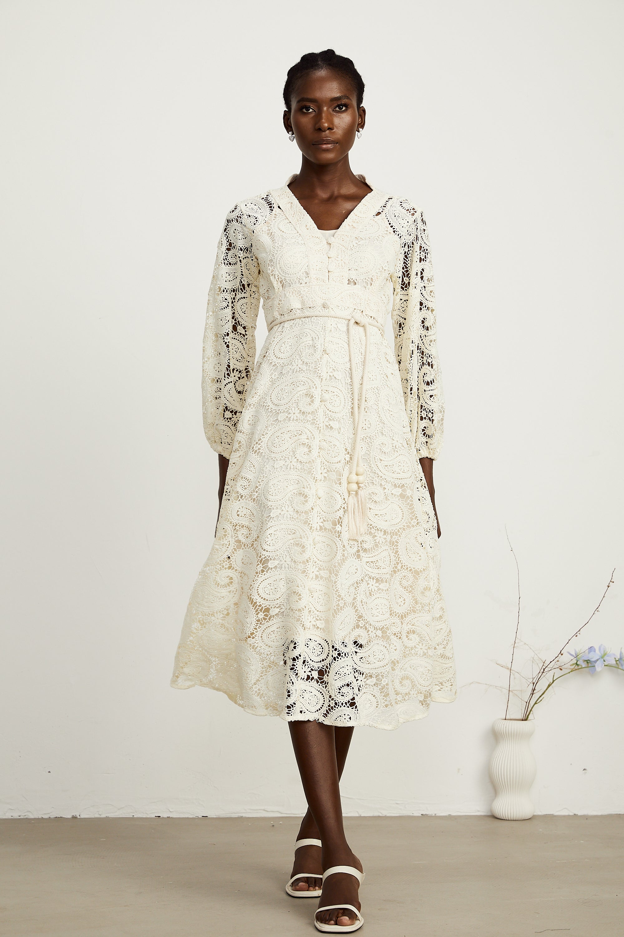 Georgette dantel midi elbise