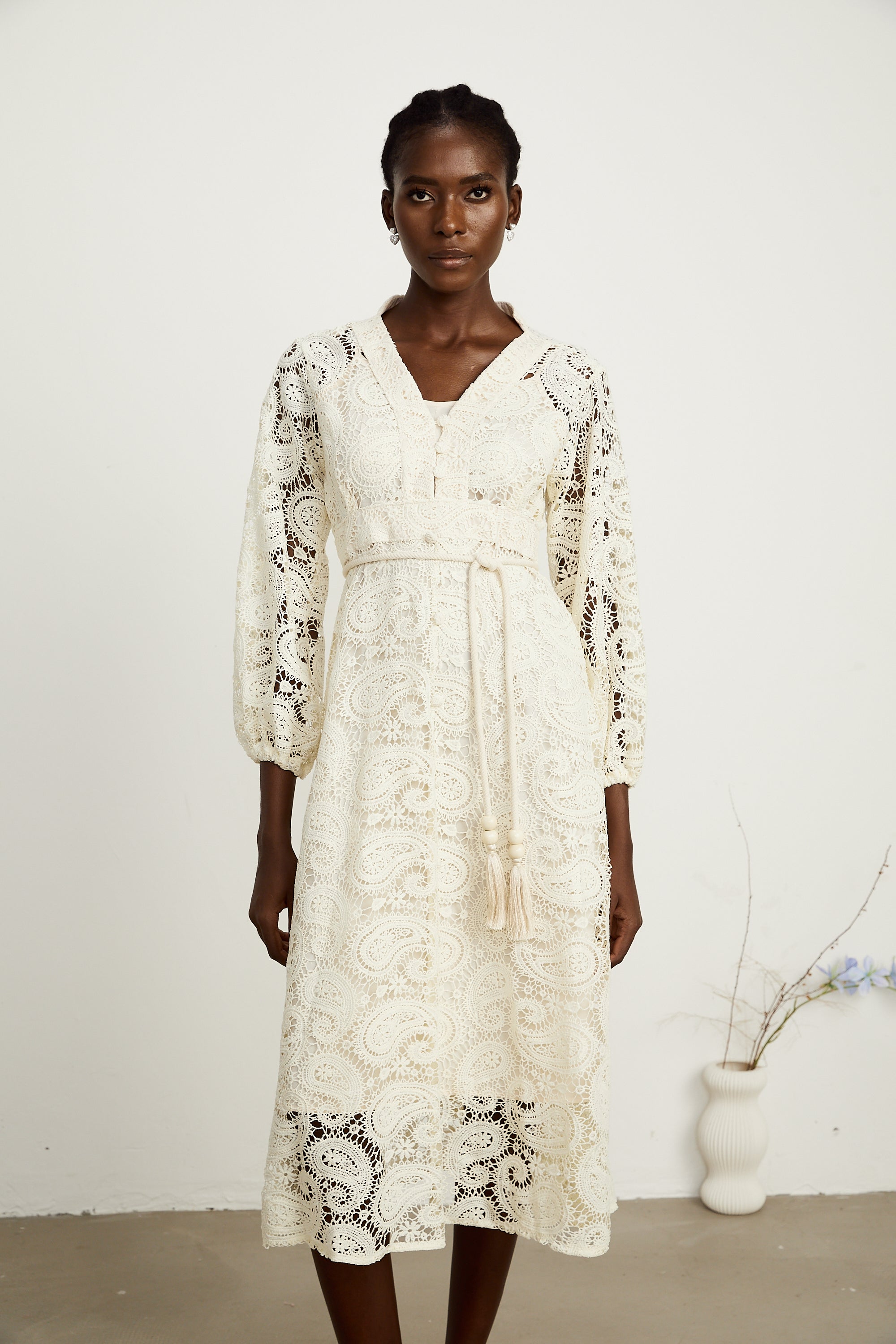 Georgette dantel midi elbise