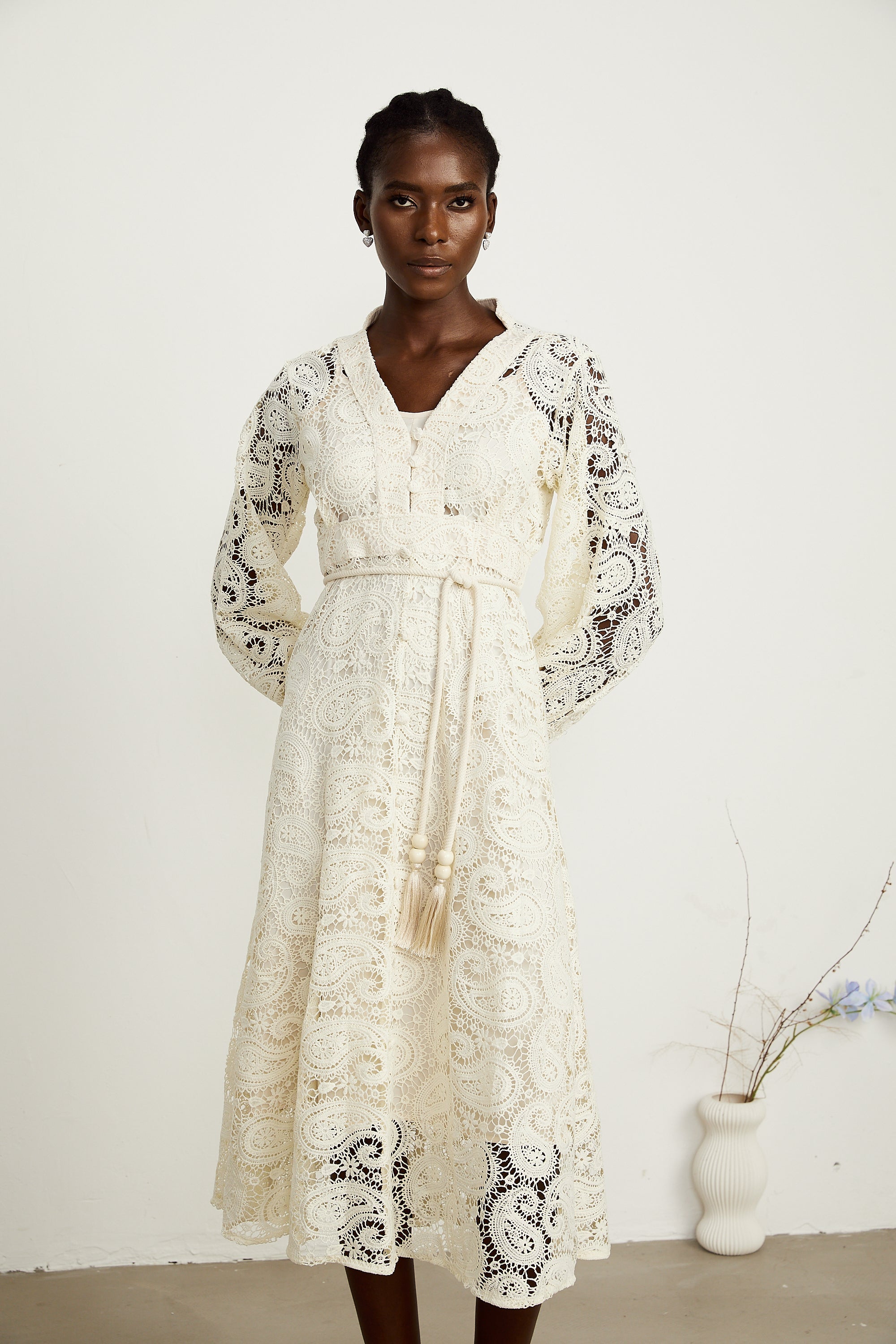 Georgette dantel midi elbise