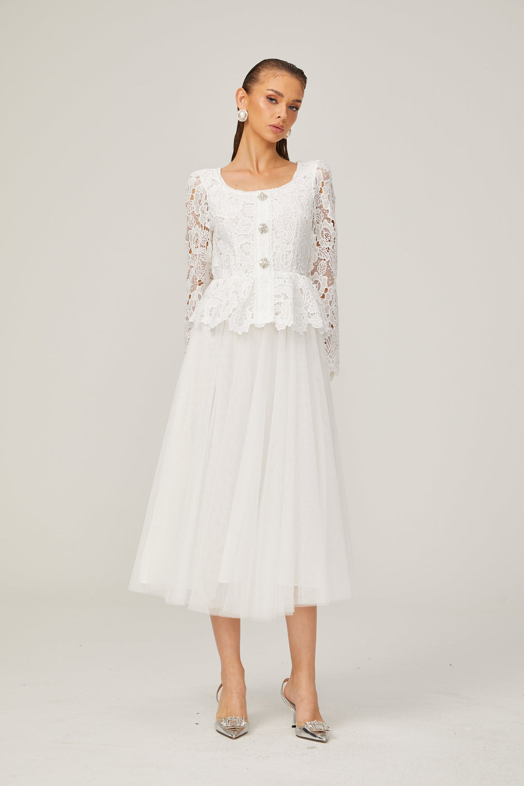 Gabrielle tül midi elbise