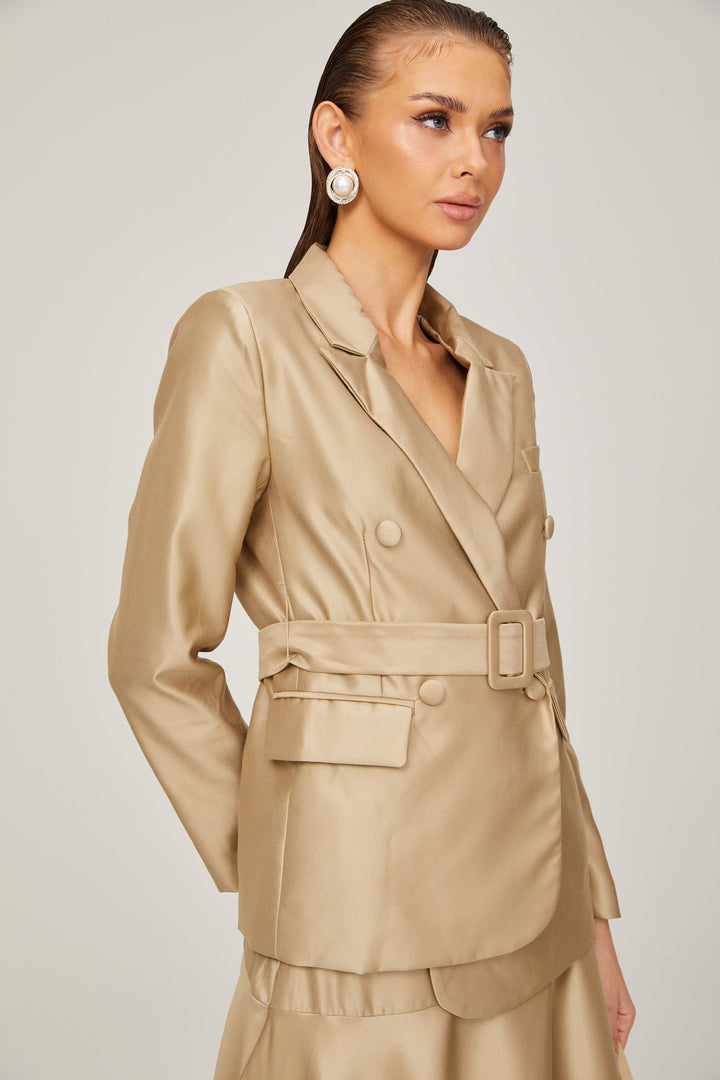 Camille Şampanya Rengi Saten Görünümlü Blazer ve Etek Takımı