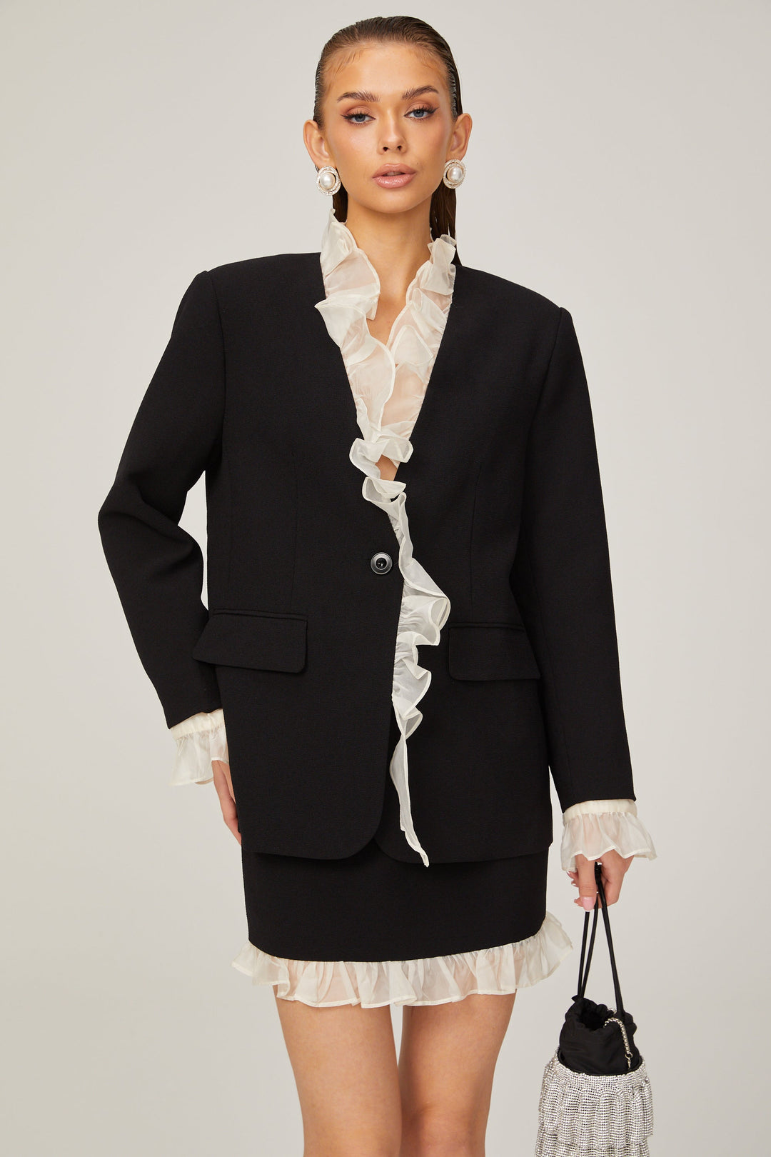 Cyrielle fırfır ceket ve etek takım