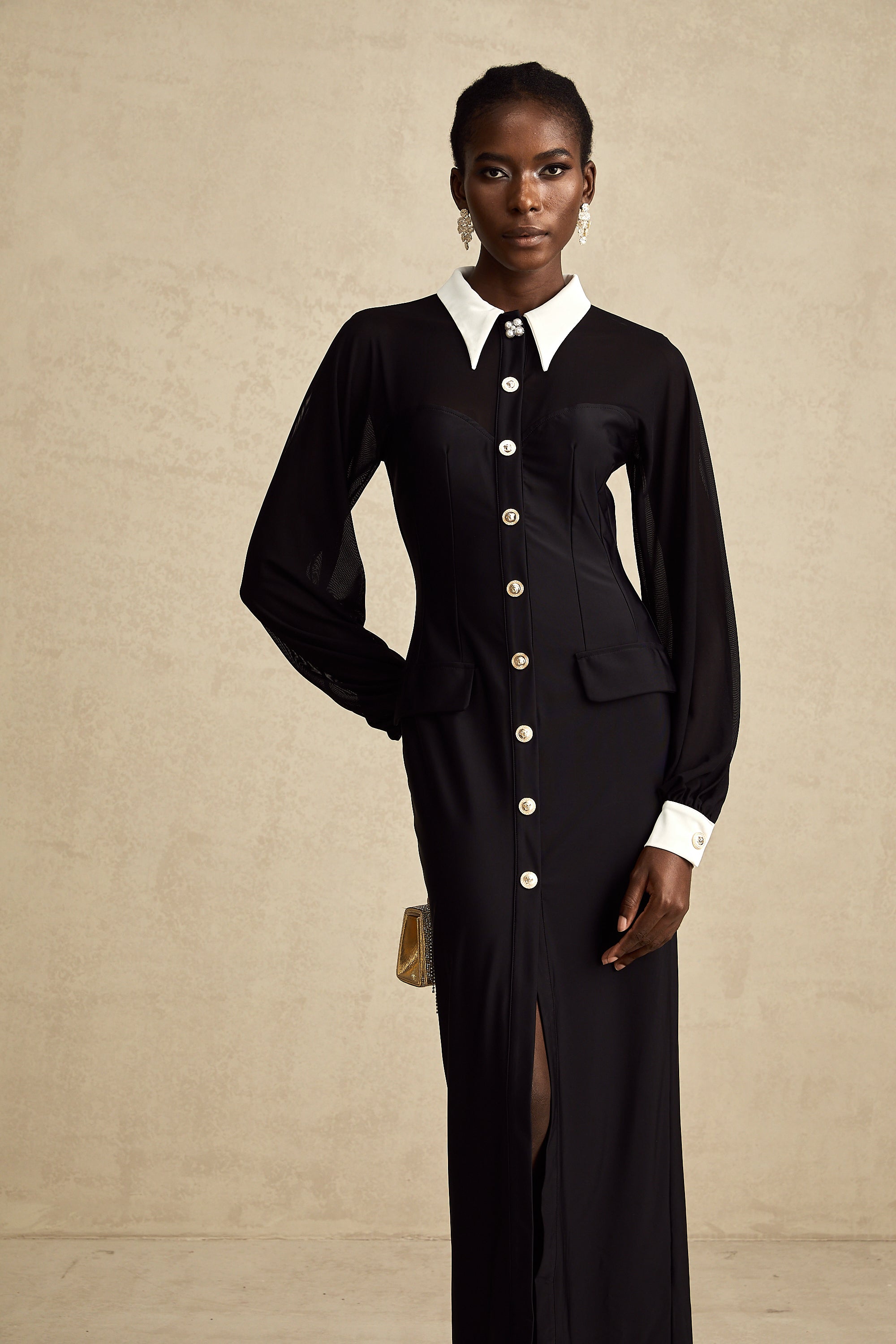 Cyrielle kontrast midi elbise