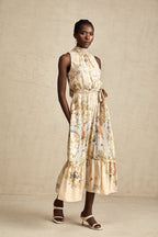 Grafik Desenli Kolsuz Midi Elbise