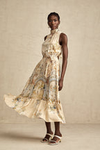 Grafik Desenli Kolsuz Midi Elbise