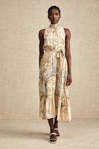 Grafik Desenli Kolsuz Midi Elbise