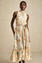 Grafik Desenli Kolsuz Midi Elbise