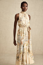 Grafik Desenli Kolsuz Midi Elbise