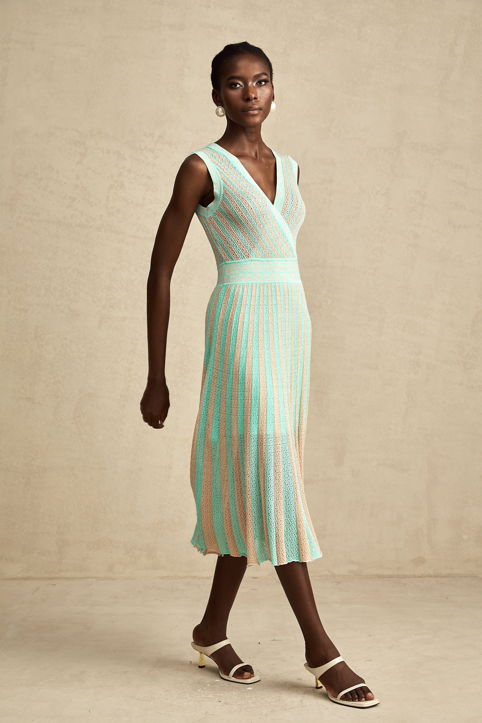 Isabeau çizgili midi elbise