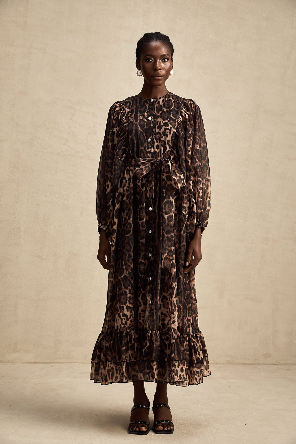 Gisèle leopar midi elbise