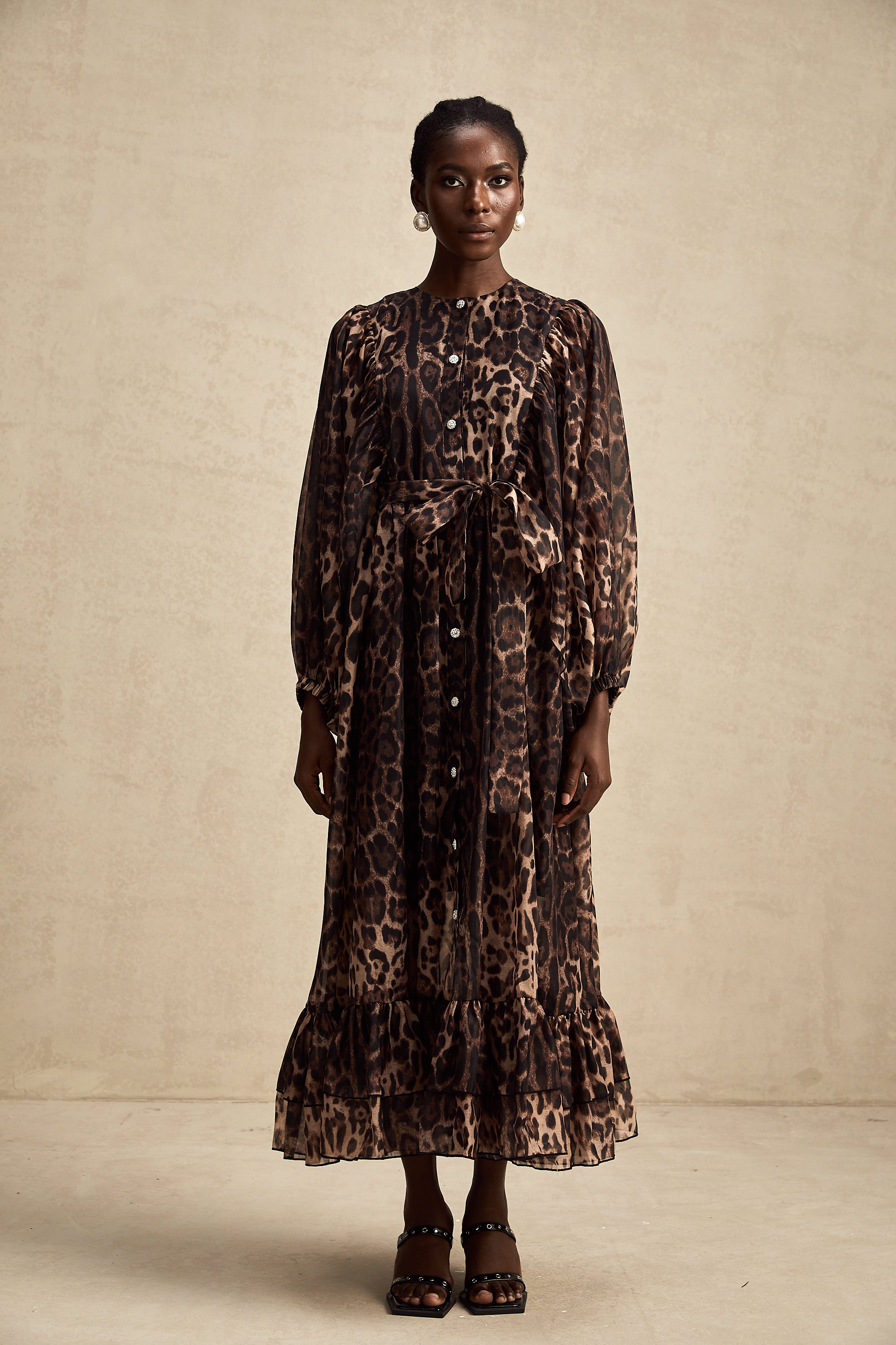 Gisèle leopar midi elbise