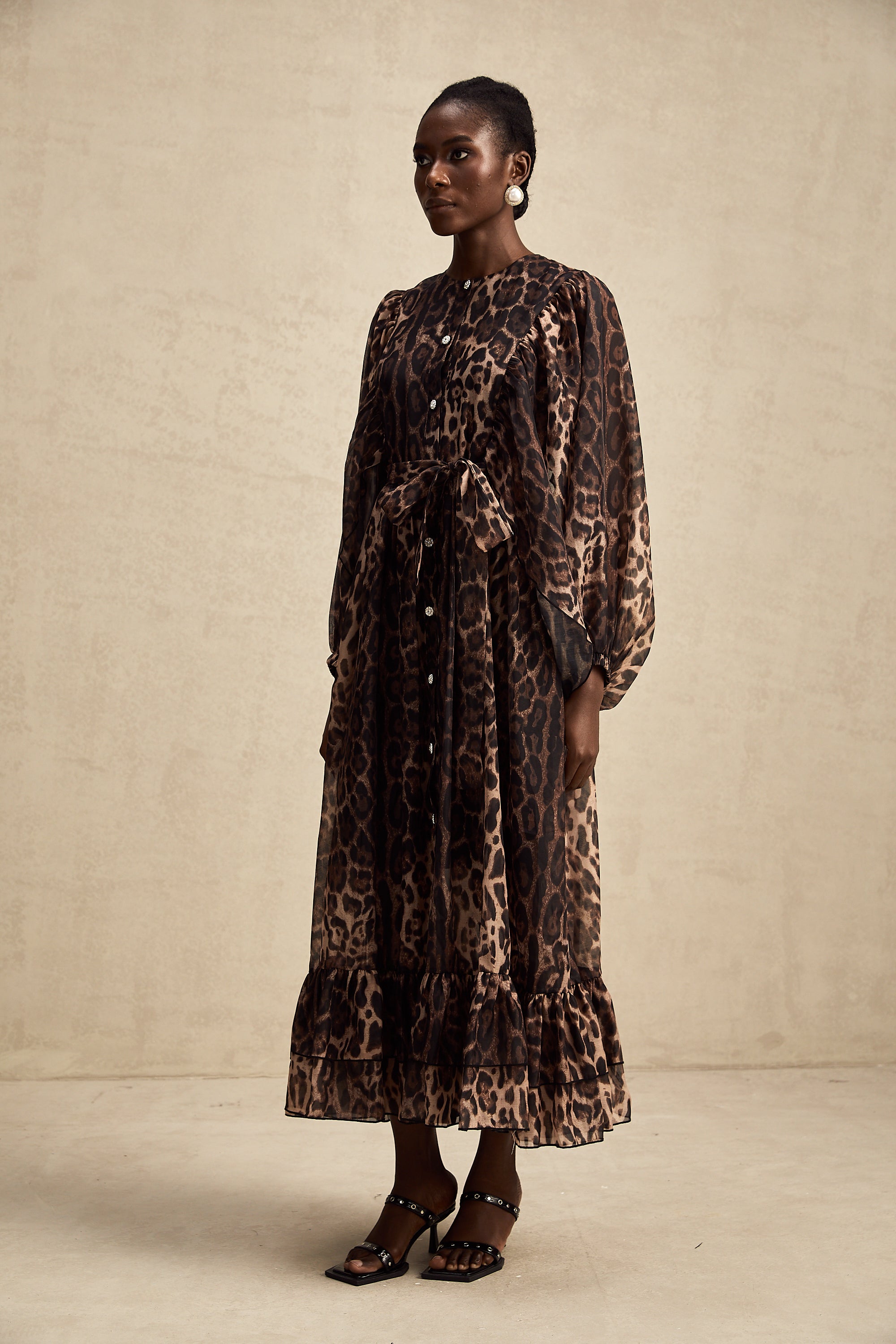 Gisèle leopar midi elbise