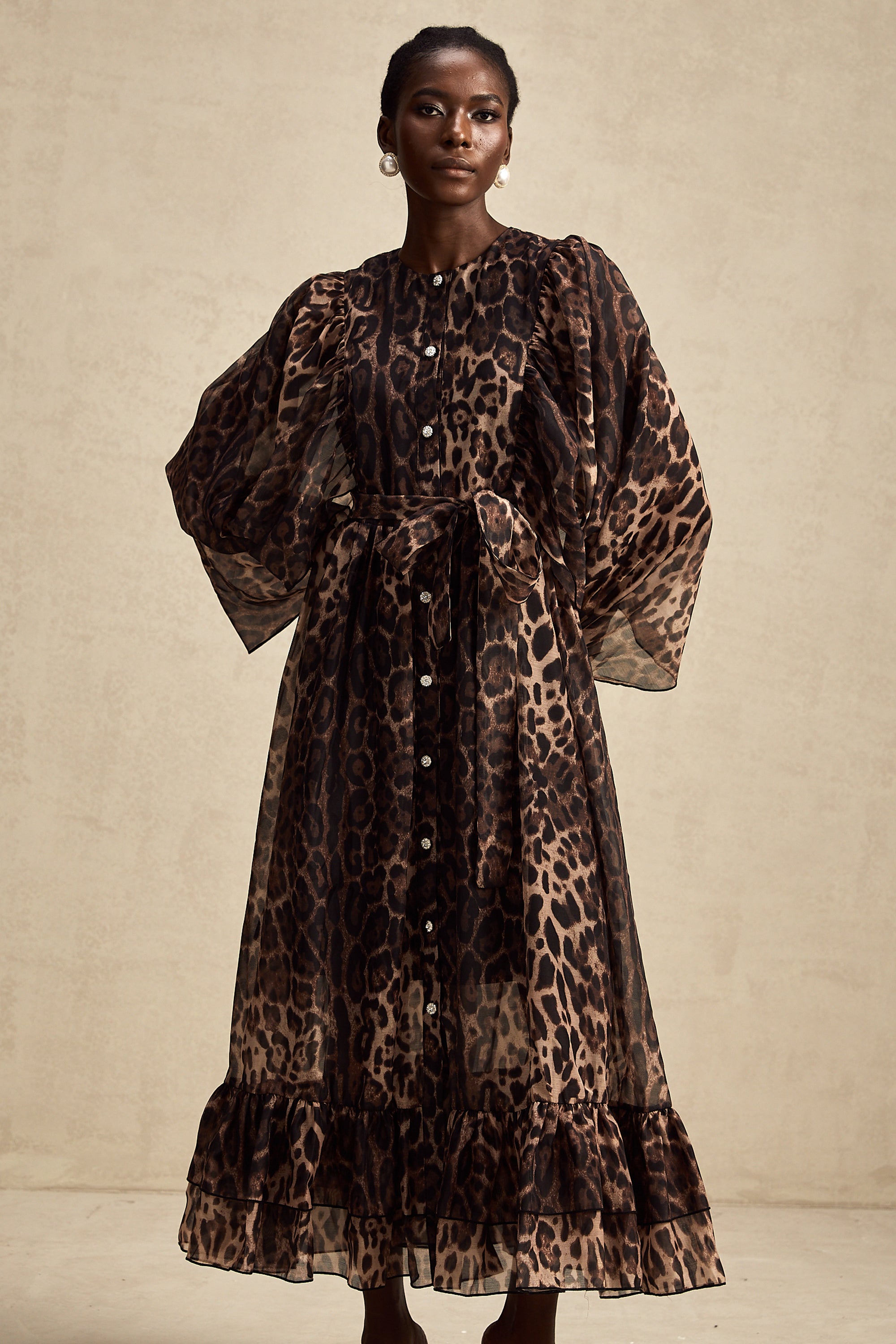 Gisèle leopar midi elbise