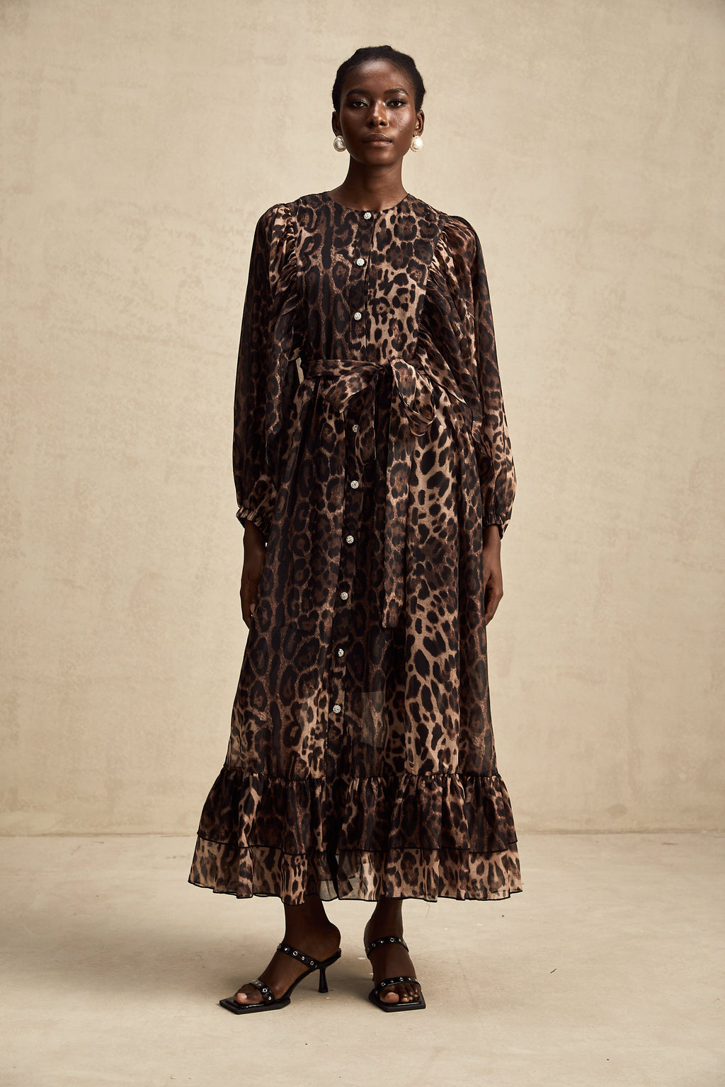 Gisèle leopar midi elbise