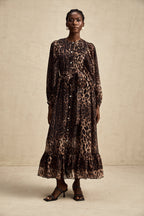 Gisèle leopar midi elbise