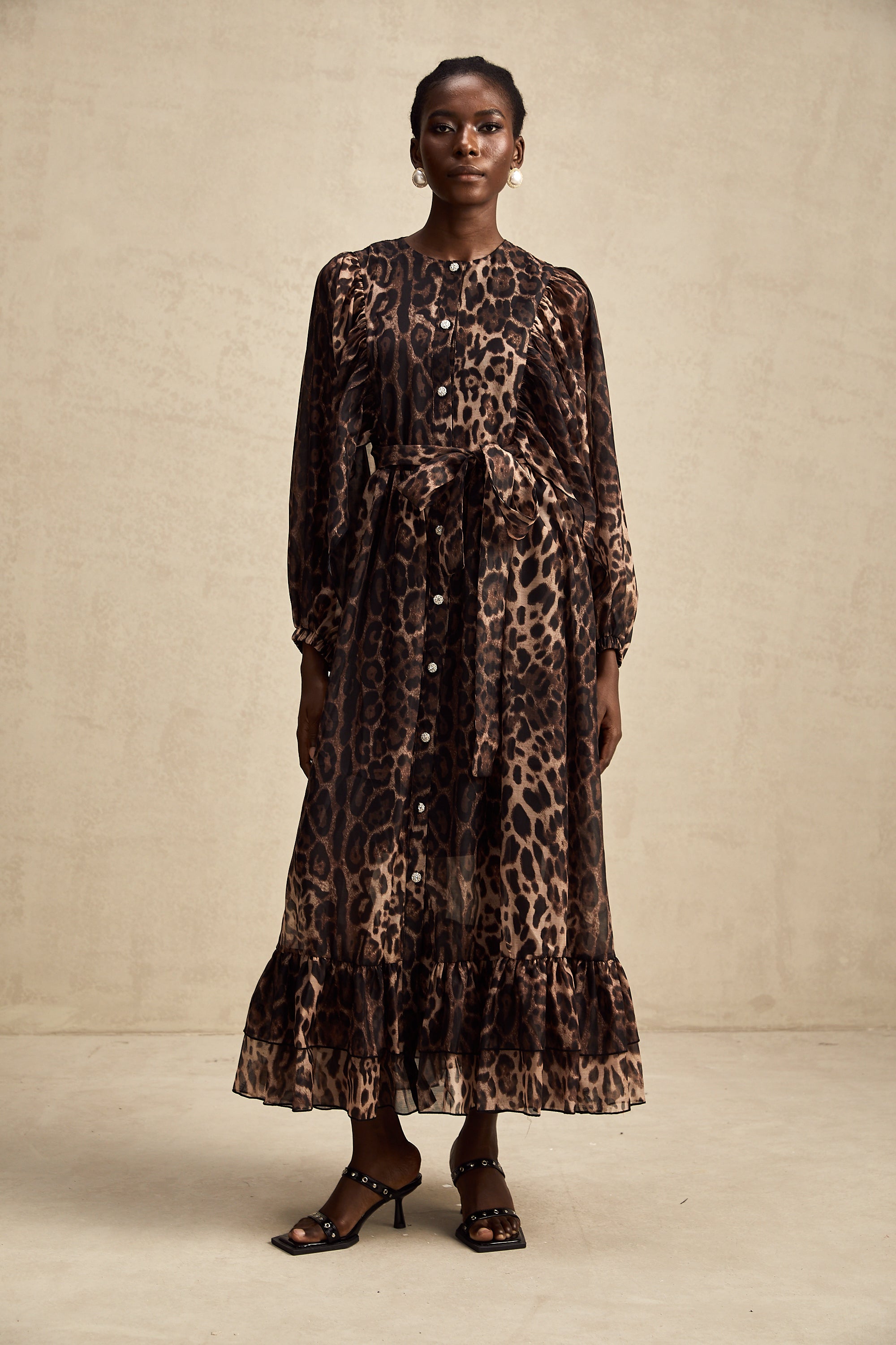 Gisèle leopar midi elbise