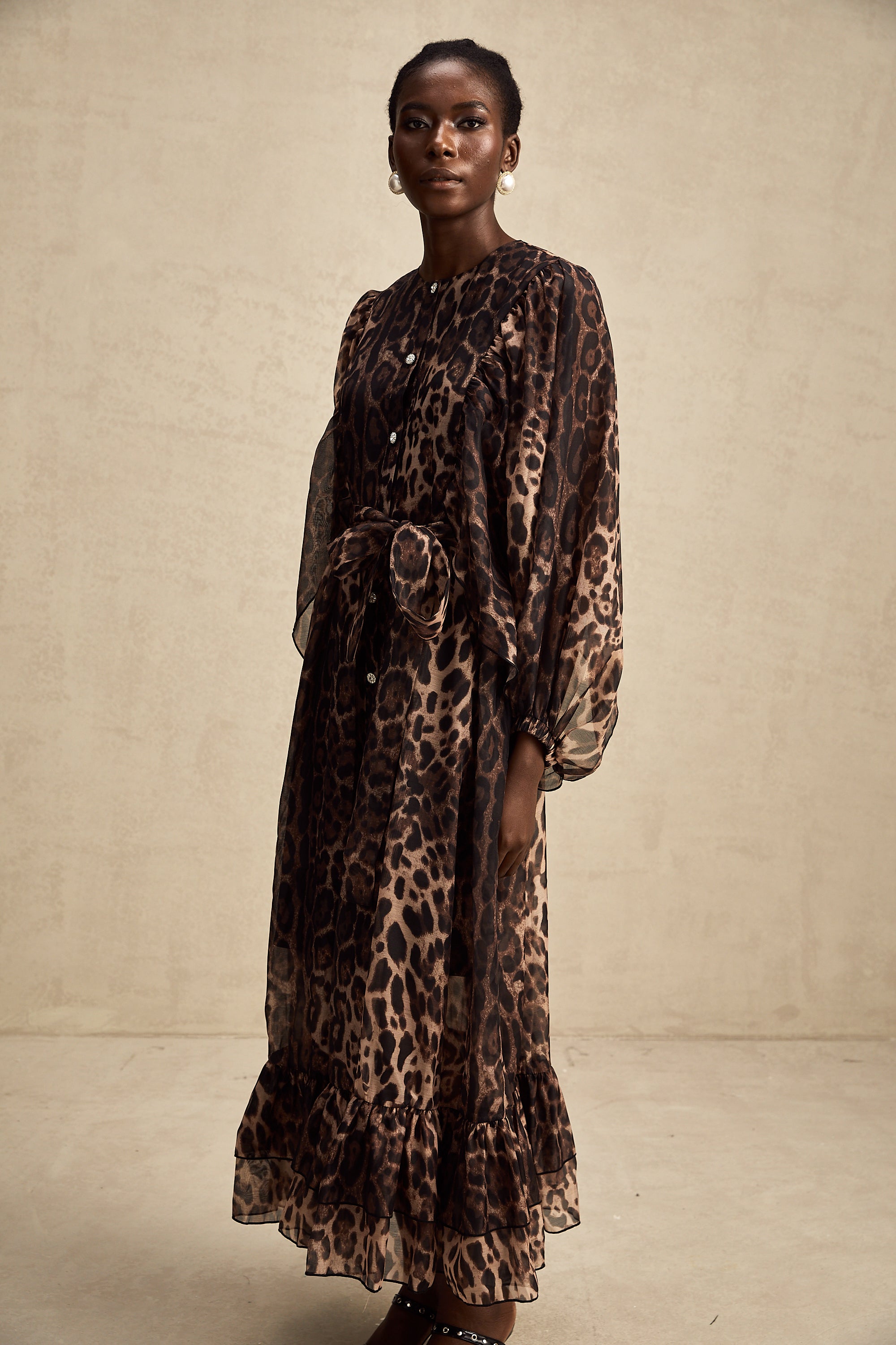 Gisèle leopar midi elbise