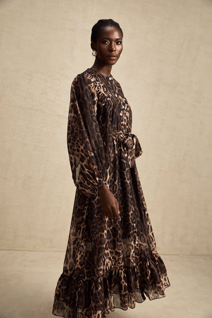 Gisèle leopar midi elbise