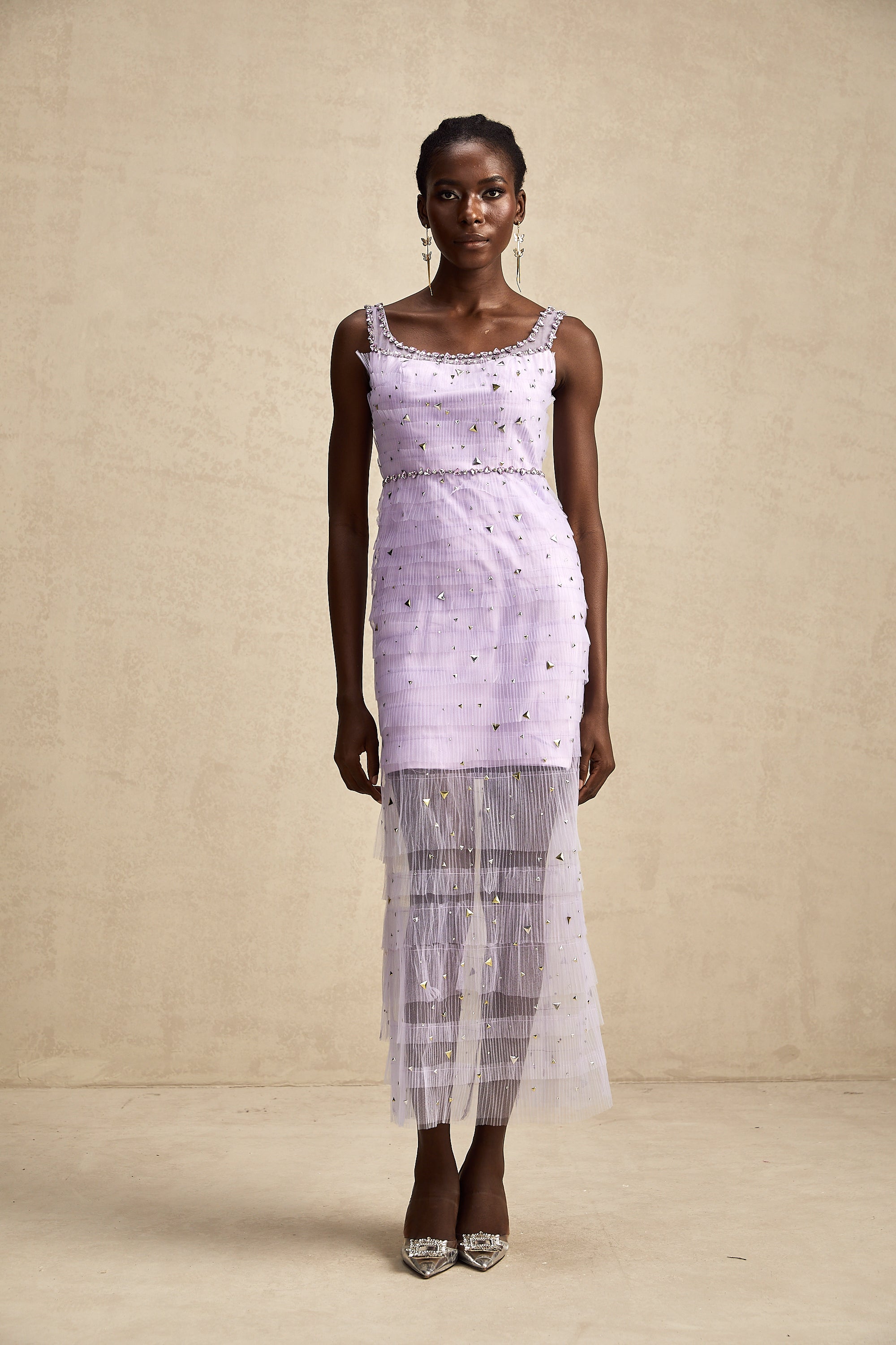 Véronique payetli midi elbise