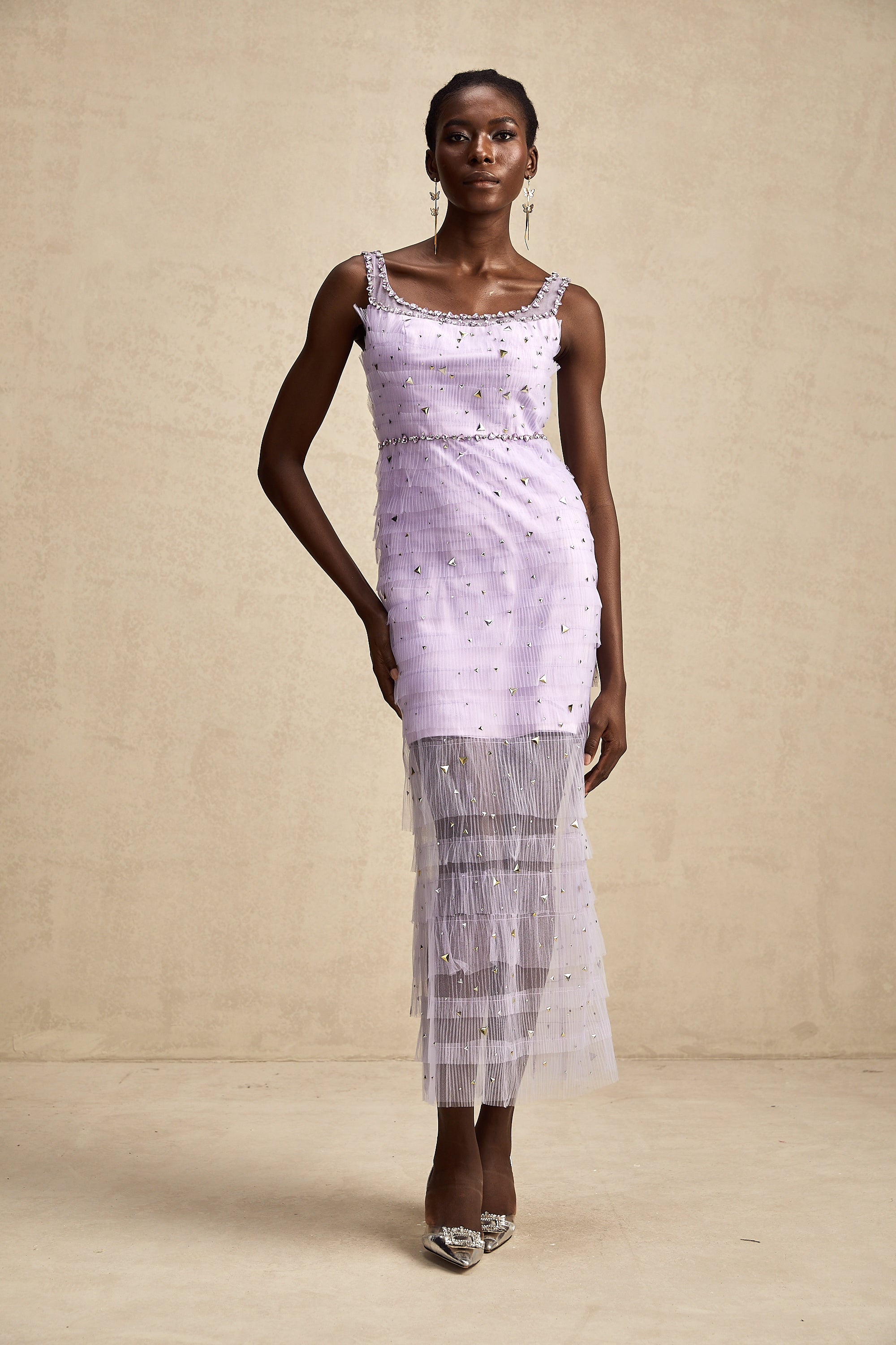 Véronique payetli midi elbise