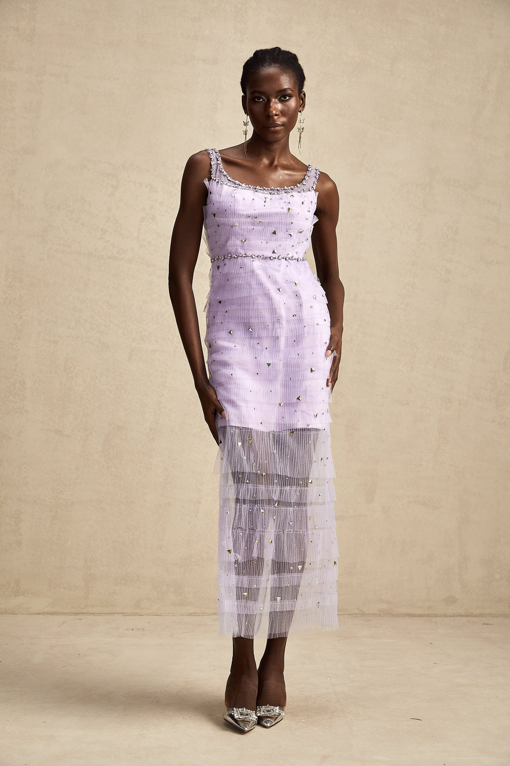 Véronique payetli midi elbise