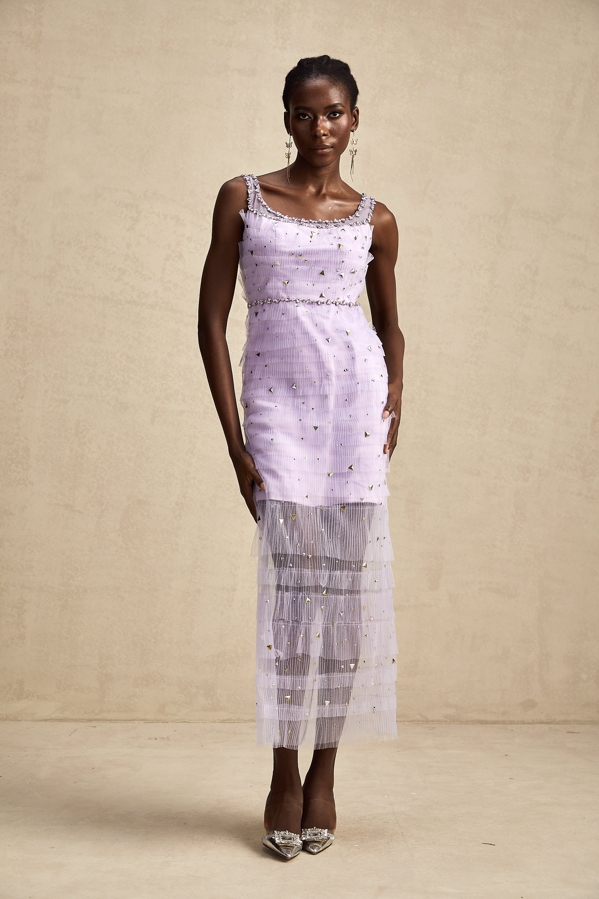 Véronique payetli midi elbise