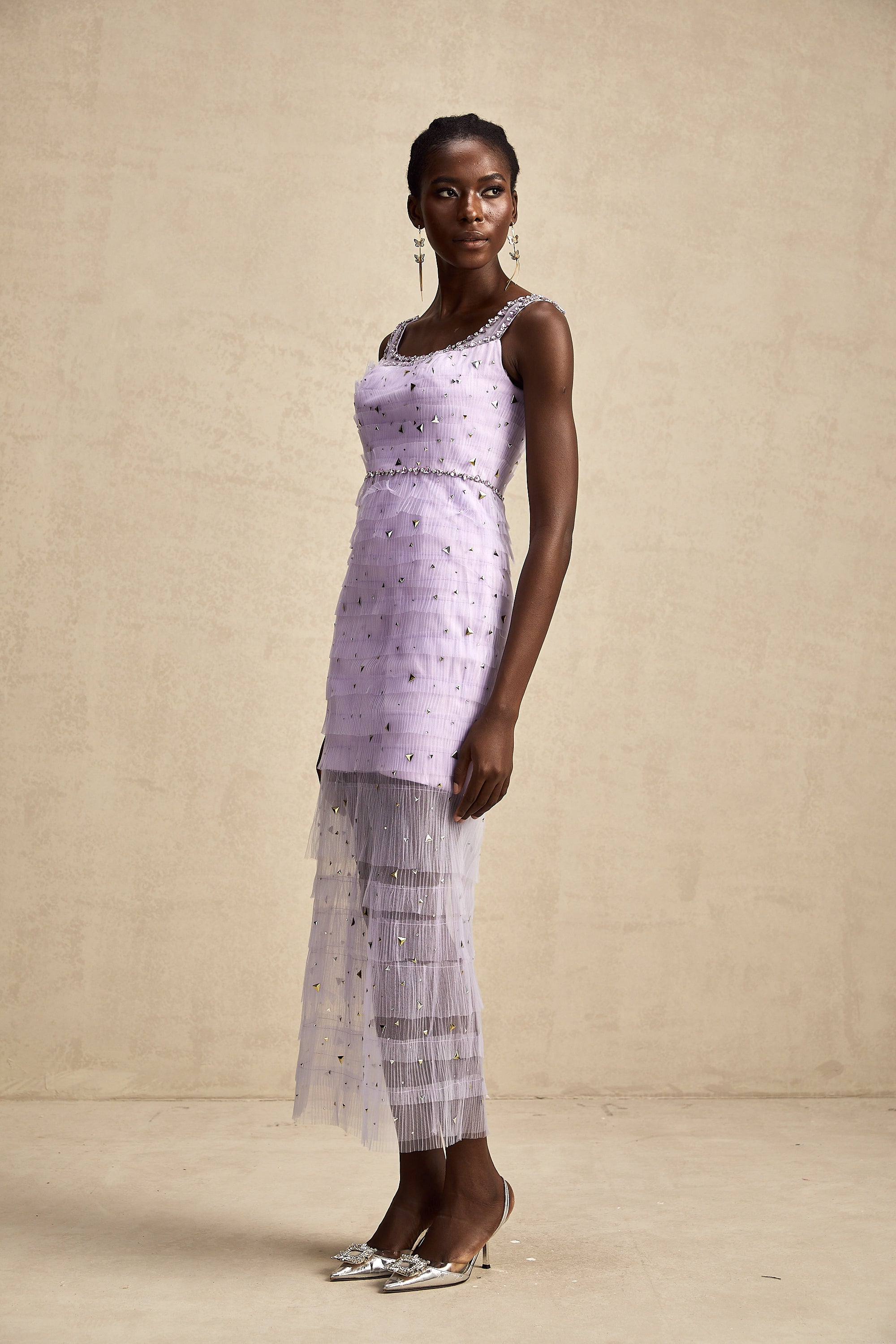 Véronique payetli midi elbise