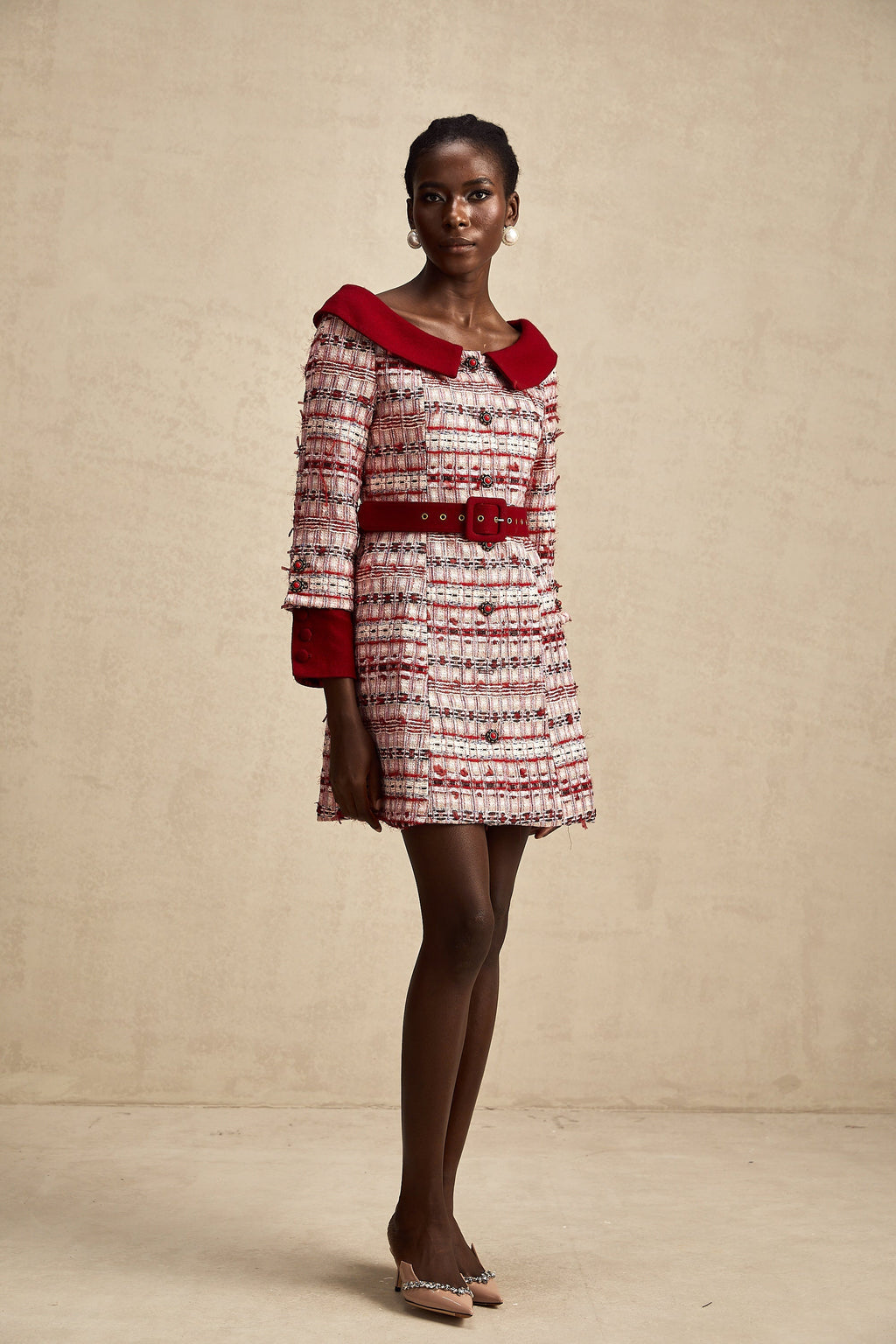 Kırmızı Kareli Tüvit Mini Elbise