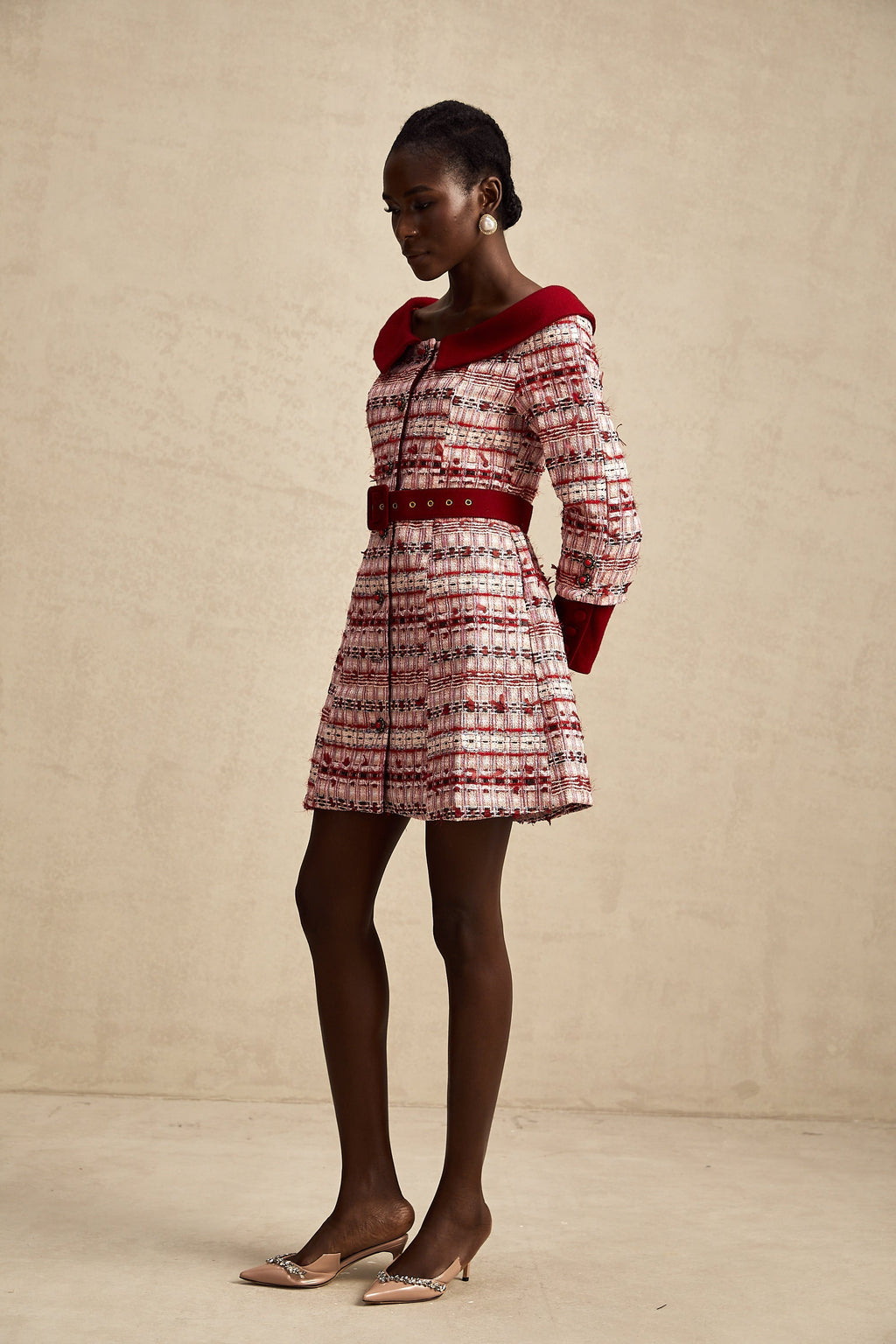 Kırmızı Kareli Tüvit Mini Elbise