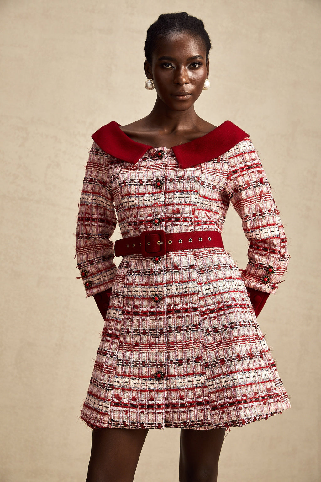 Kırmızı Kareli Tüvit Mini Elbise