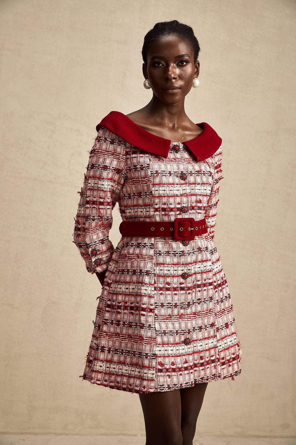 Kırmızı Kareli Tüvit Mini Elbise