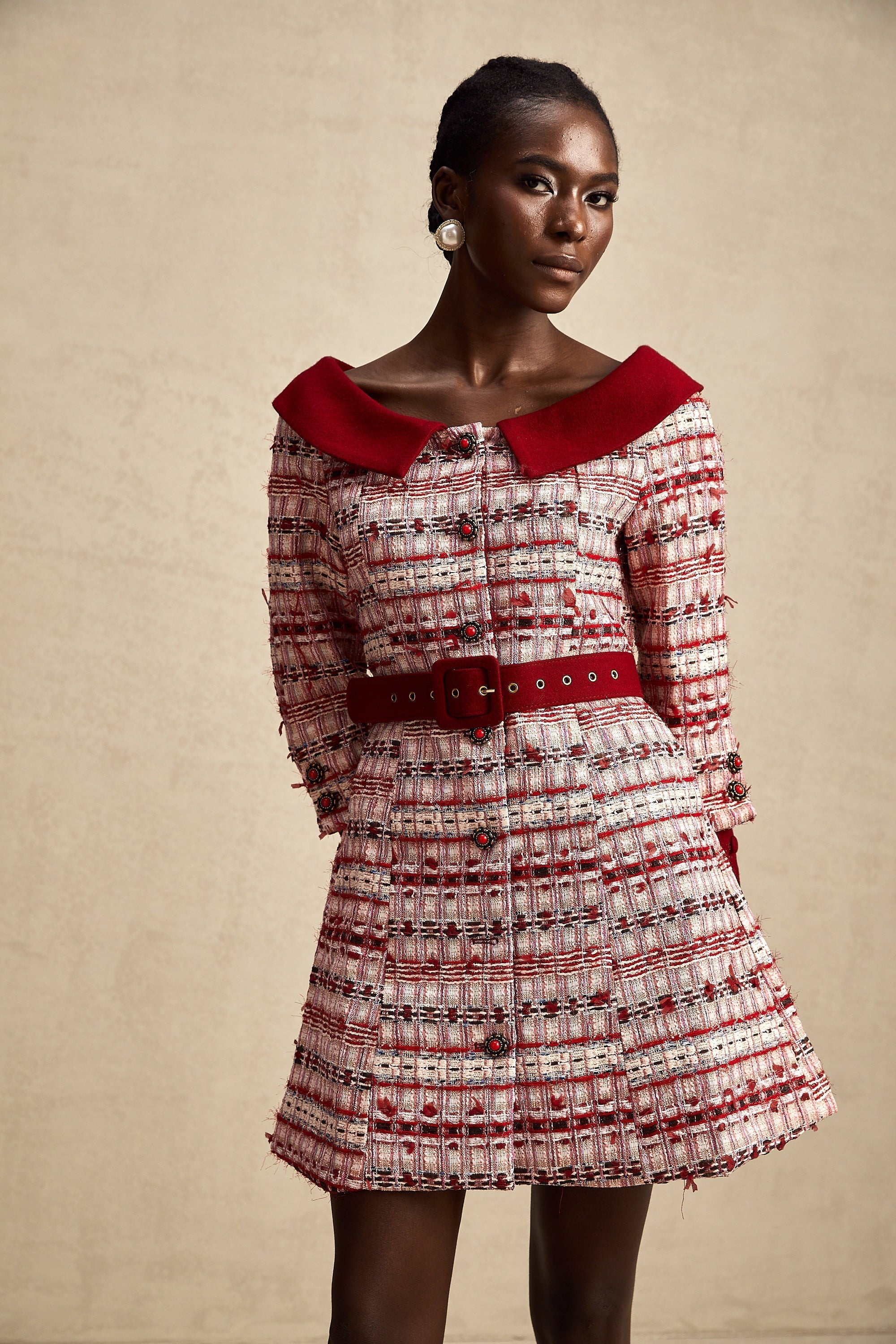 Kırmızı Kareli Tüvit Mini Elbise