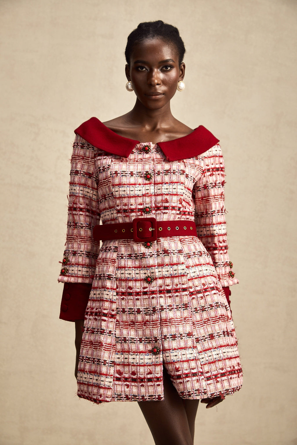 Kırmızı Kareli Tüvit Mini Elbise