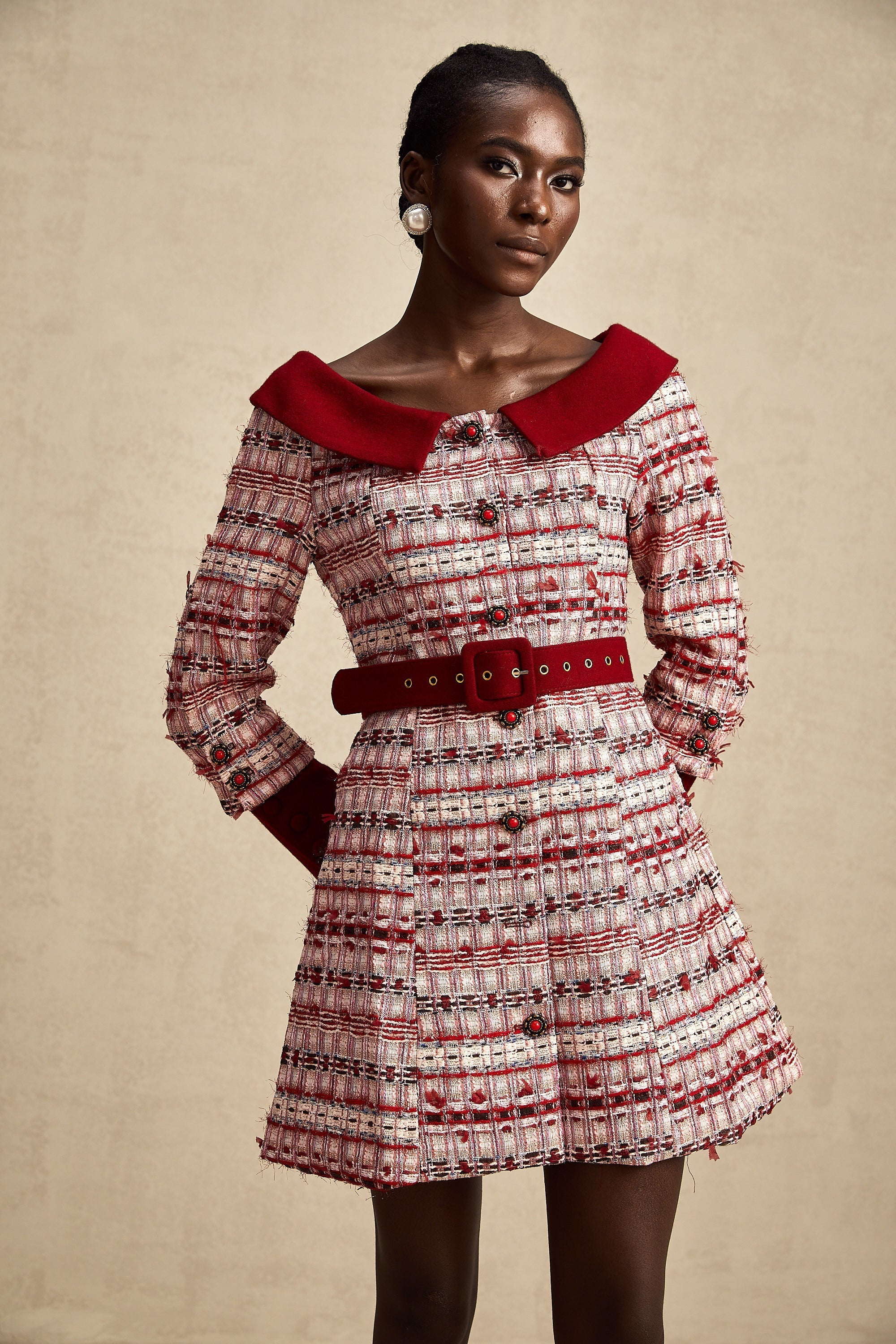 Kırmızı Kareli Tüvit Mini Elbise