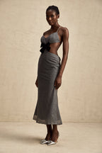 Sırtı Açık Fiyonk Payetli Midi Elbise