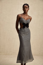 Sırtı Açık Fiyonk Payetli Midi Elbise