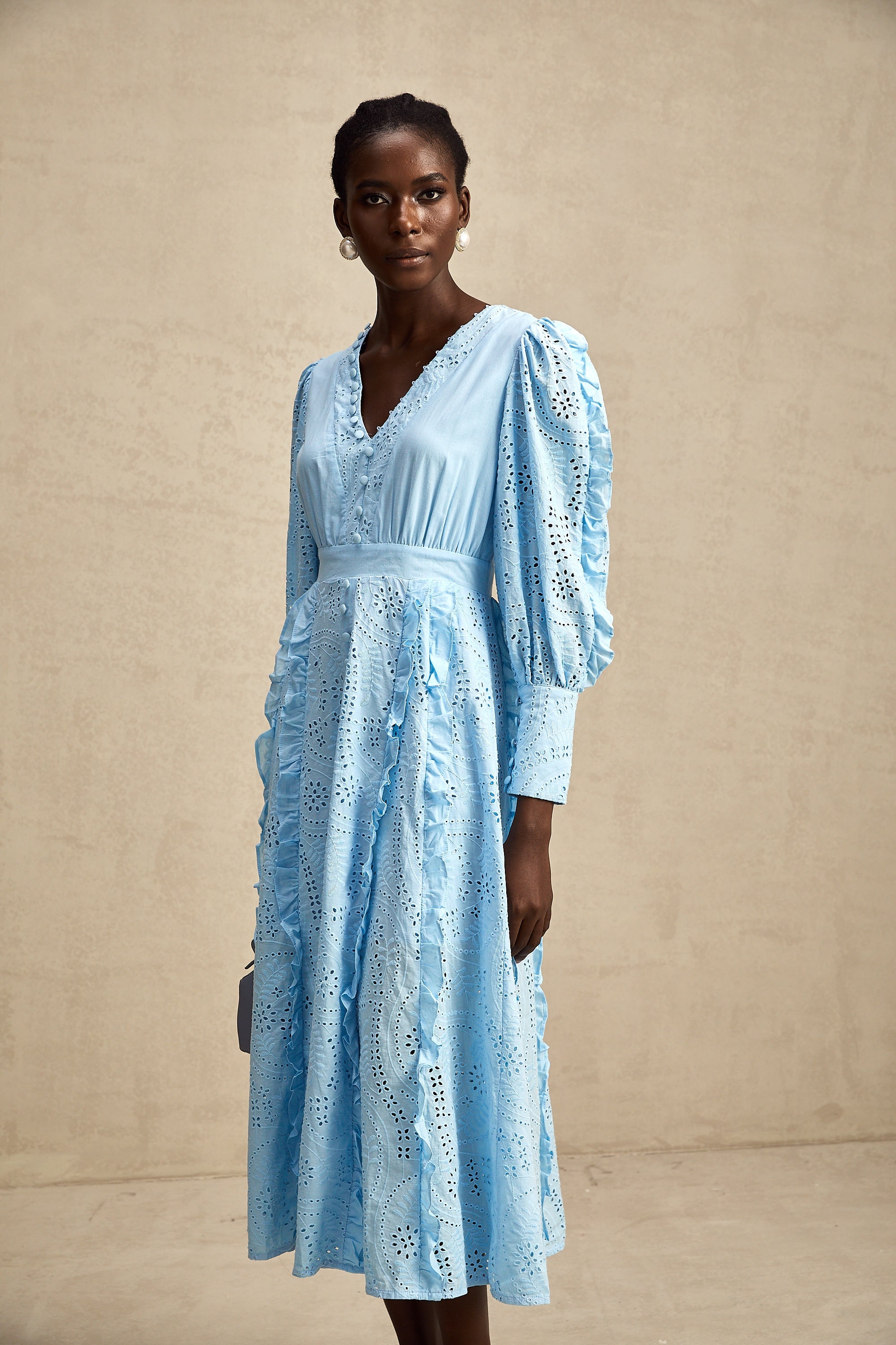 Raphaëlle fırfırlı midi elbise