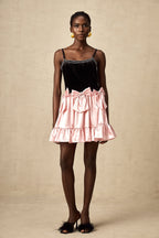 Kontrast İlmekli Pileli Mini Elbise