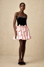 Kontrast İlmekli Pileli Mini Elbise