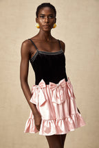 Kontrast İlmekli Pileli Mini Elbise