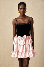 Kontrast İlmekli Pileli Mini Elbise