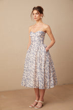 Fanny Çiçek Desenli Omzu Açık Midi Elbise