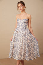 Fanny Çiçek Desenli Omzu Açık Midi Elbise