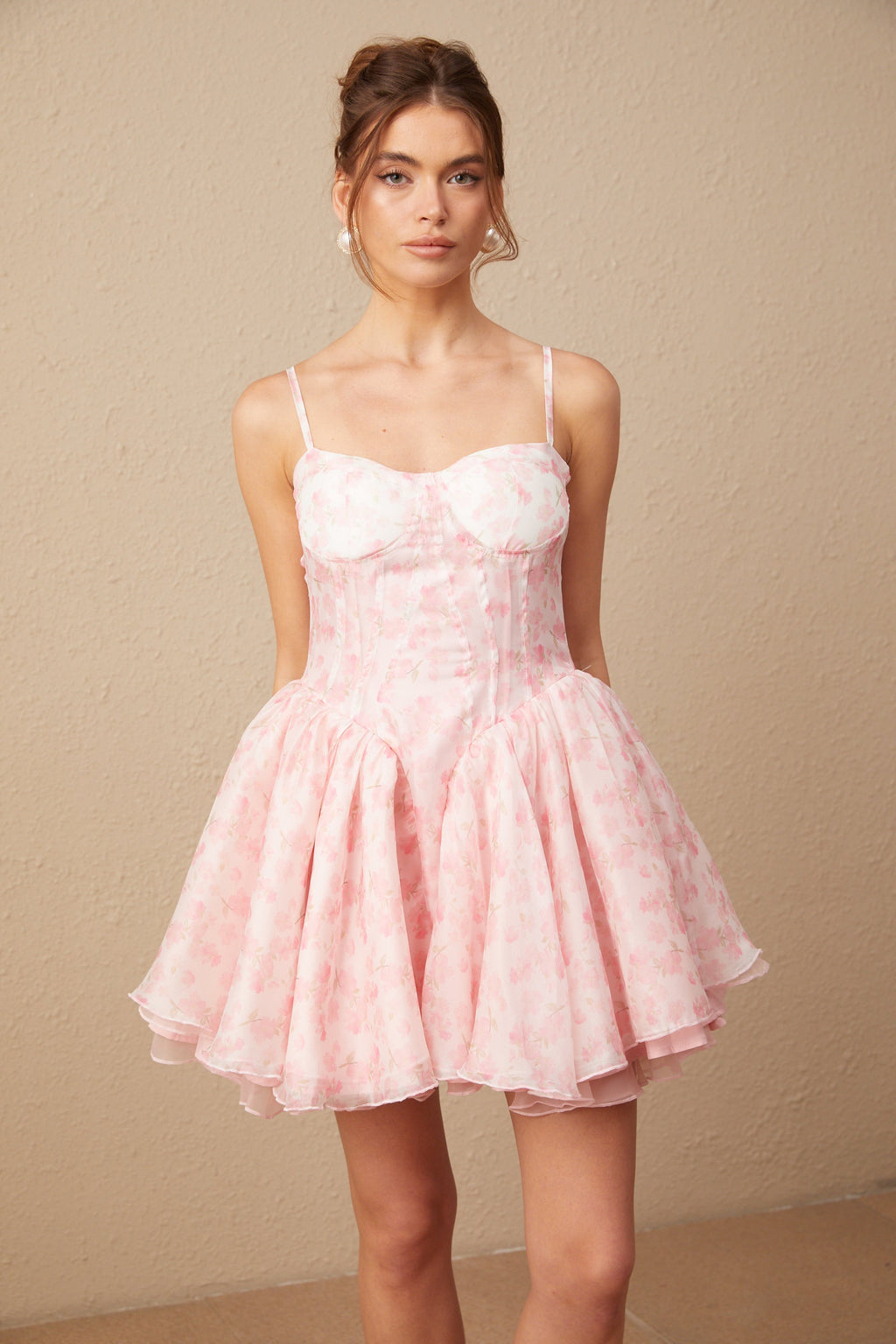 Thérèse Pembe Çiçek Desenli Kabartmalı Mini Elbise