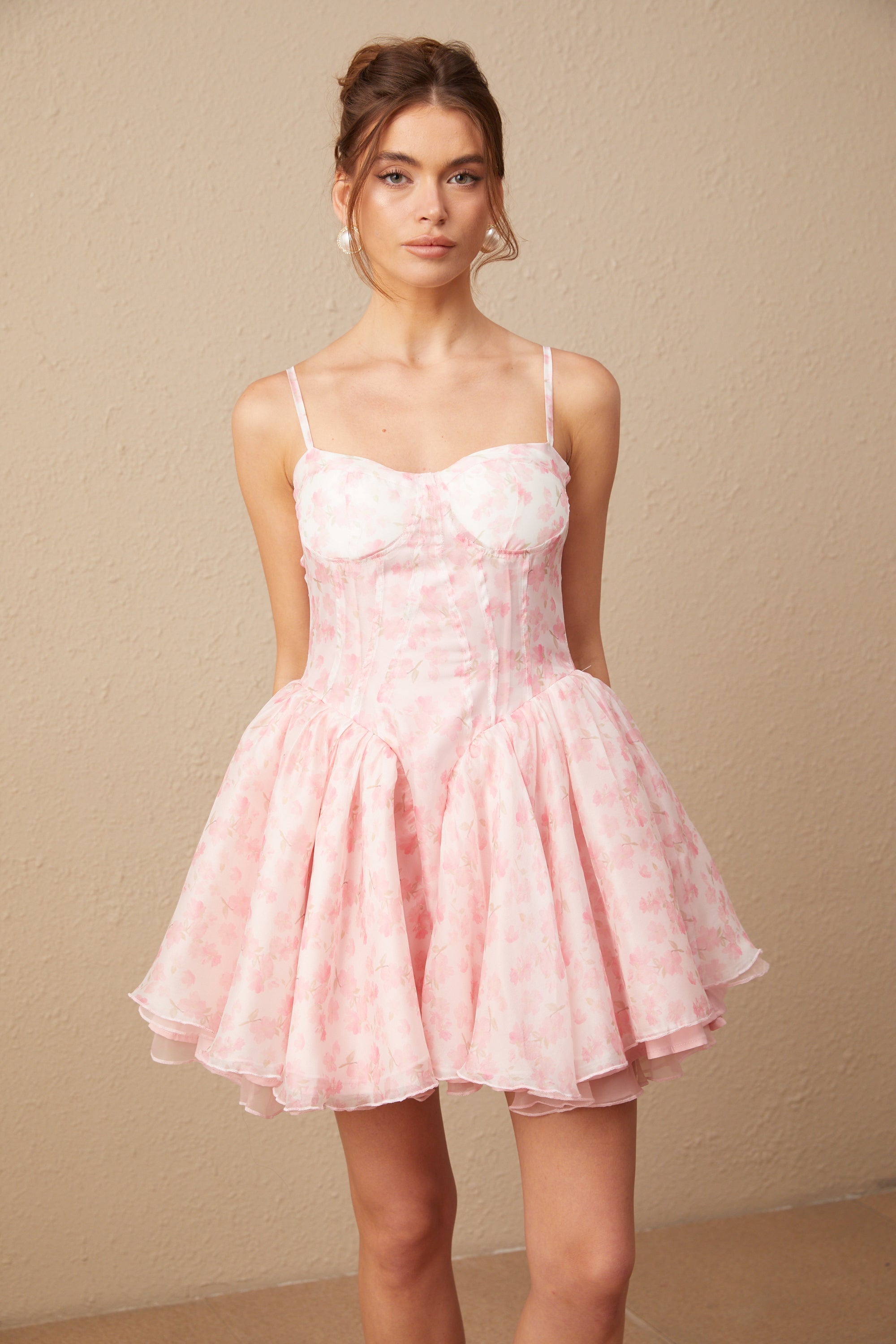 Thérèse Pembe Çiçek Desenli Kabartmalı Mini Elbise