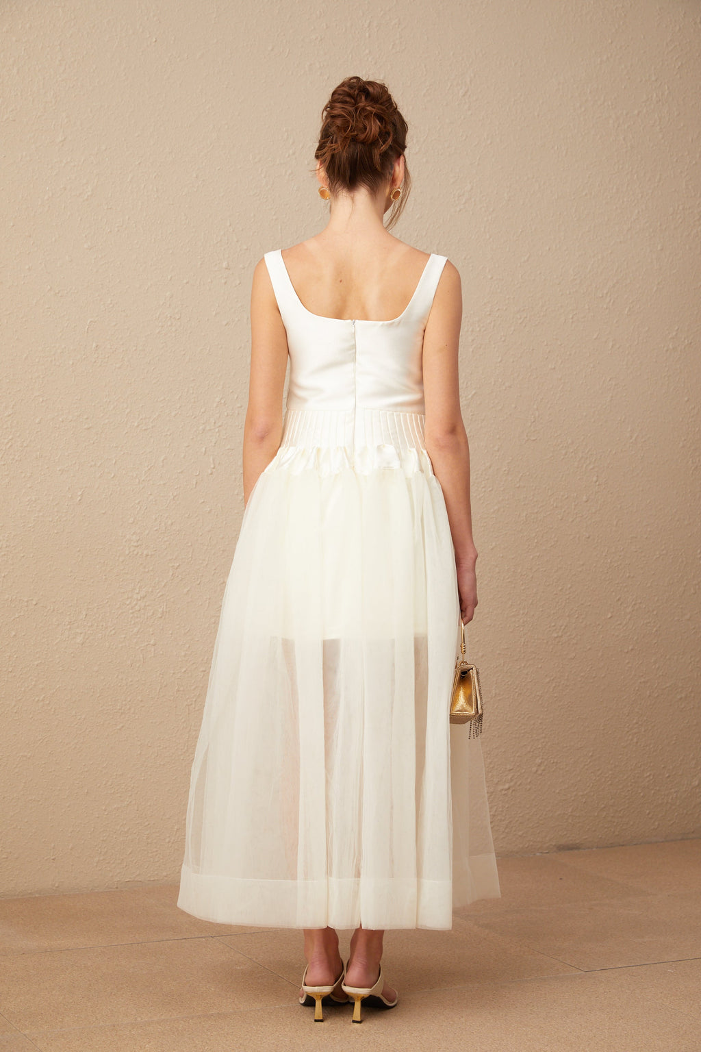 Lucie beyaz saten tül panelli maxi elbise