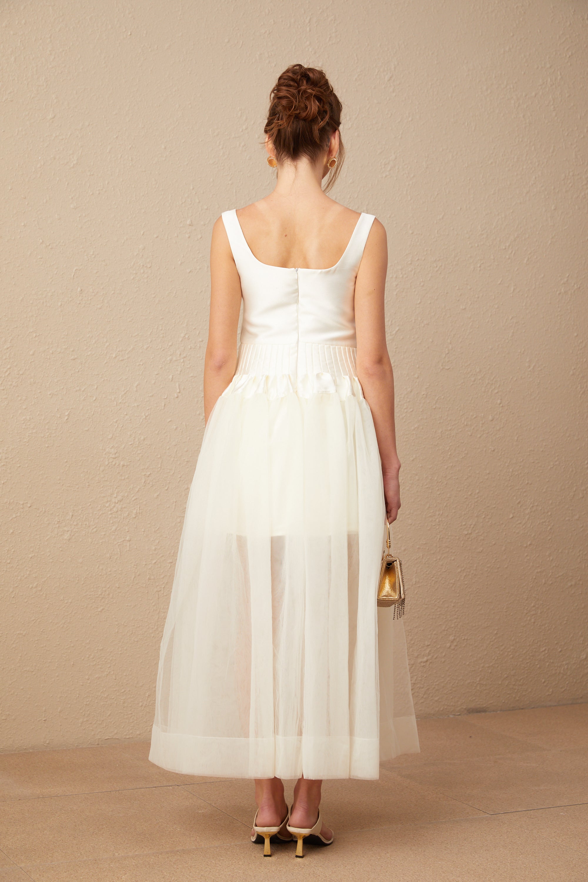 Lucie beyaz saten tül panelli maxi elbise