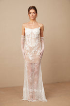 Mila çiçek işlemeli tül korsajlı maxi elbise