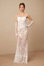 Mila çiçek işlemeli tül korsajlı maxi elbise